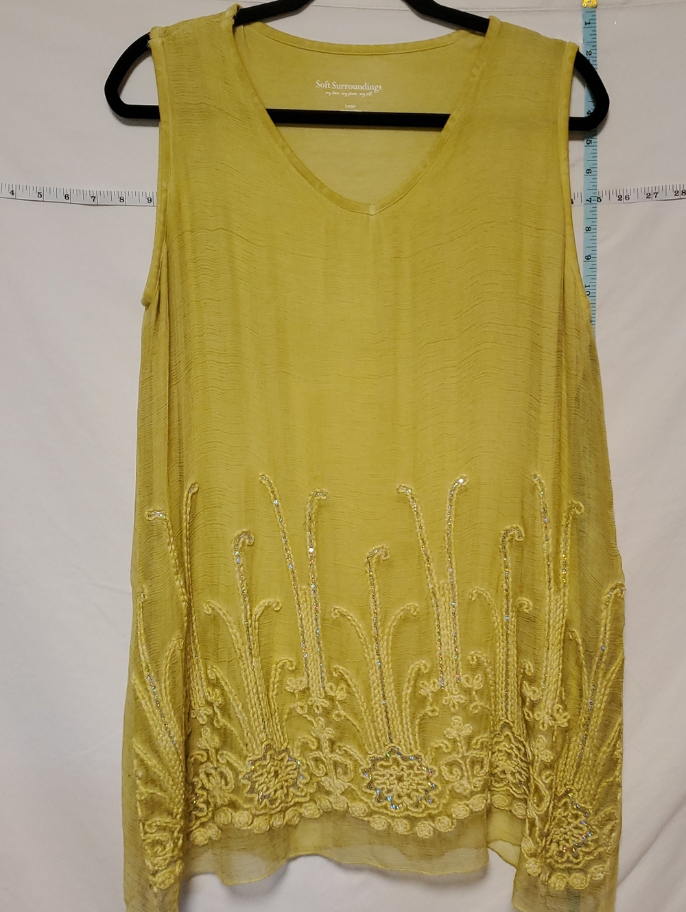 Soft Surroundings Mustard Yellow 100% Silk Shell Embroidered Sleeveless Top LG